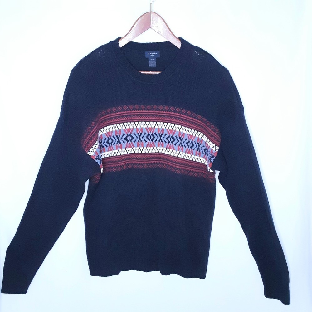 💎Dockers Mens Vintage Sweater Pullover Fair Isle Navy Blue Red & White Size XL
